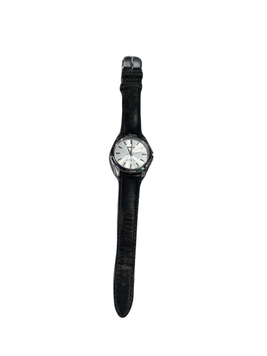 SEIKO セイコー KINETIC メンズ腕時計 シルバー文字盤 自動巻発電 クォーツ レザーベルト 稼働品