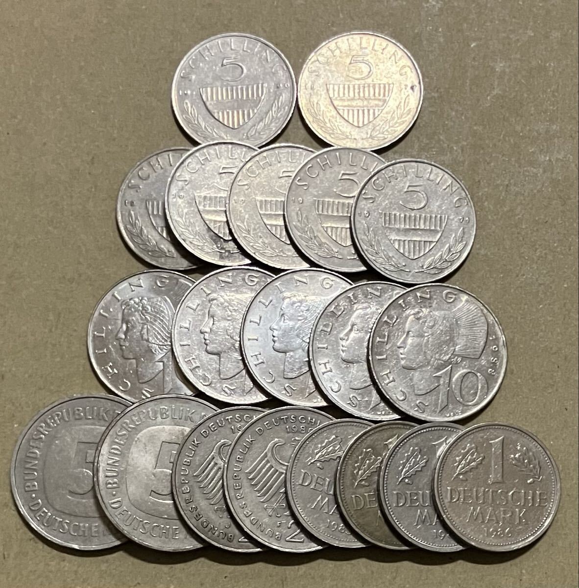 j ドイツ　1マルク4枚　2マルク2枚　5マルク2枚　オーストリア　5シリング7枚　10シリング5枚　外国コイン　外国古銭　まとめ
