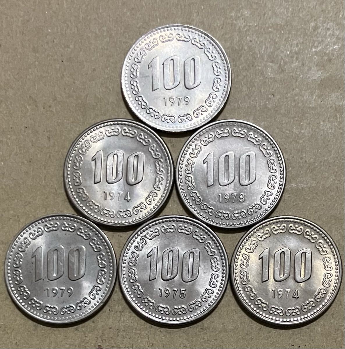 j 韓国　100ウォン 6枚セット　外国コイン　外国古銭　韓国コイン　韓国古銭　まとめ　旧硬貨　