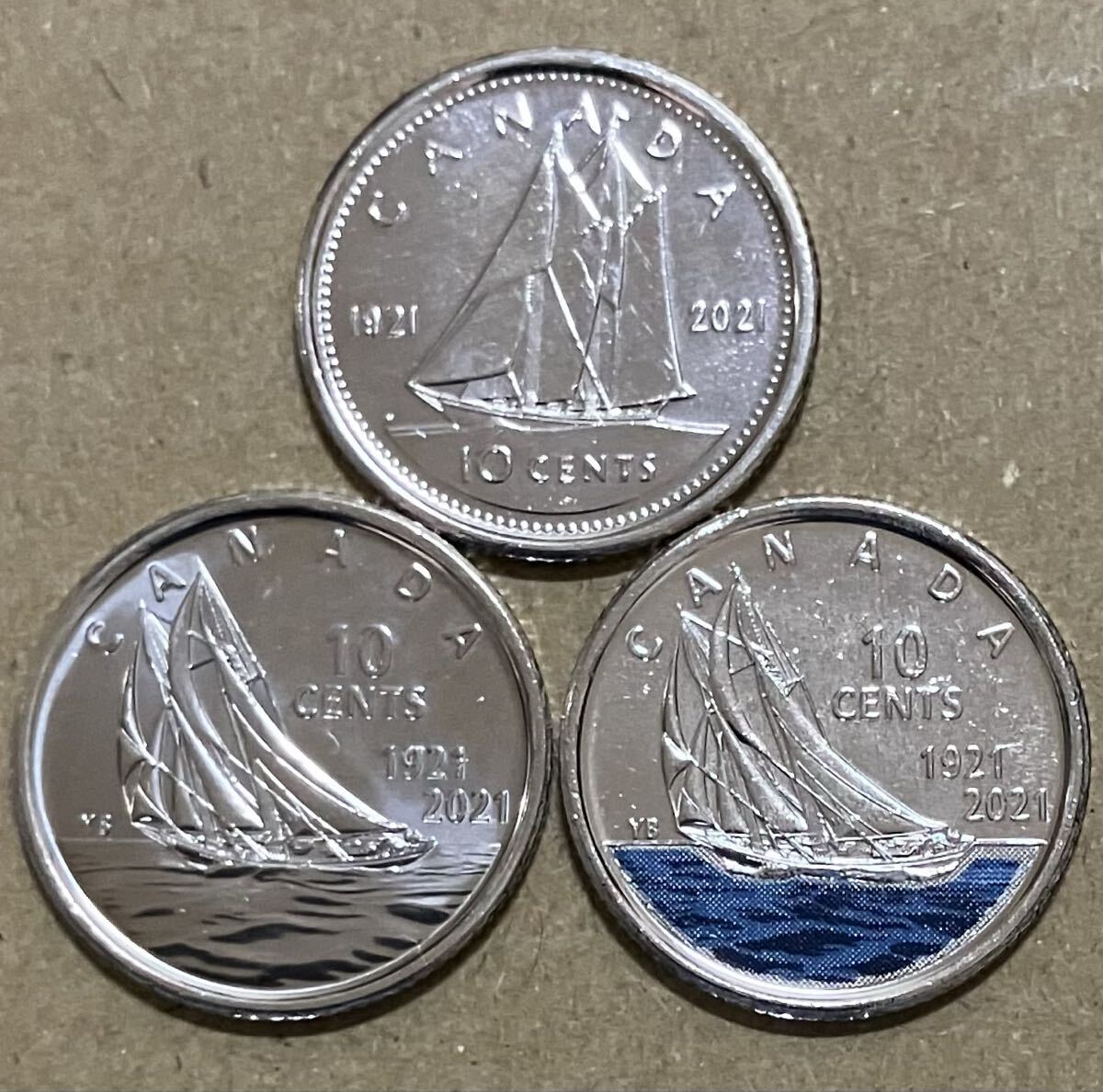 カナダ　10セント　記念コイン　3種　ブルーノーズ号進水100年　外国コイン　外国硬貨　記念硬貨　カナダコイン　カラーコイン　エリザベス