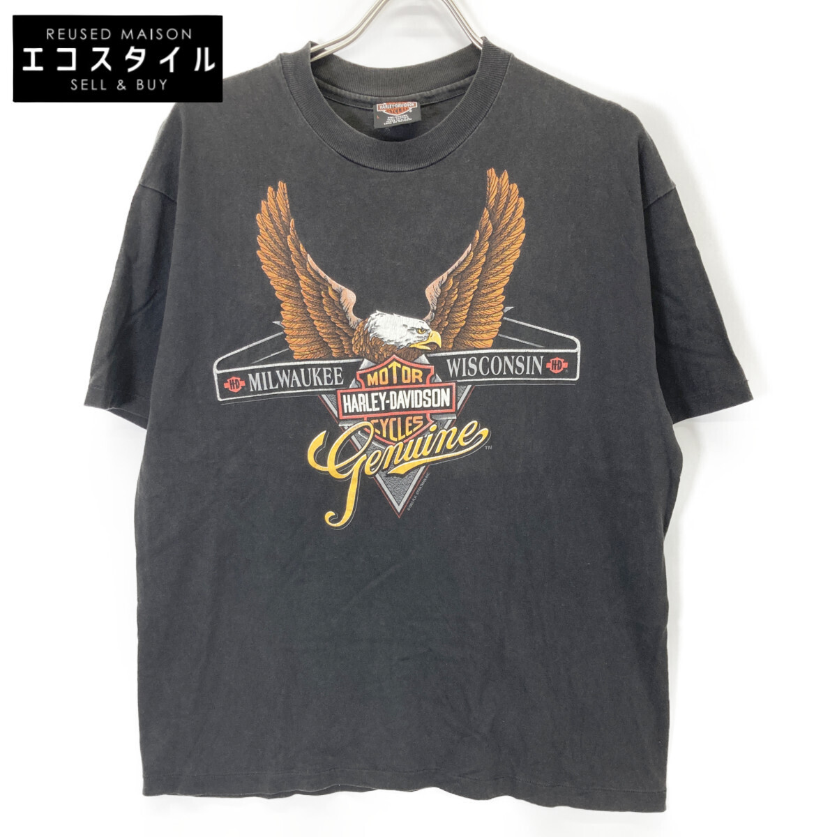 HARLEY-DAVIDSON ハーレーダビッドソン 90s チャコール イーグルバー Tシャツ ブラック L トップス コットン メンズ 中古