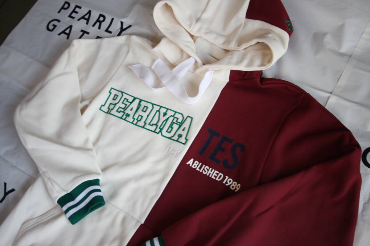 ★正規品★パーリーゲイツ PEARLY GATES★大人気 ドライMIX裏毛フーディプルオーバー★カレッジロゴ★エクリュ×エンジ★5(L)