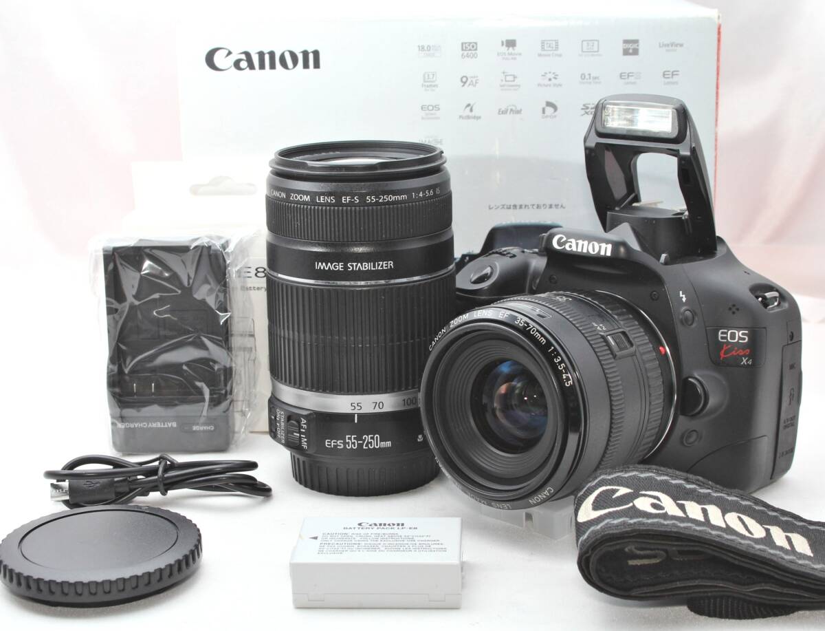 ★【動作〇 極上美品 おすすめ】 Canon EOS Kiss X4 ★ EF35-70mm IS EF-S55-250mm IS ★ スターティングセット 箱付き