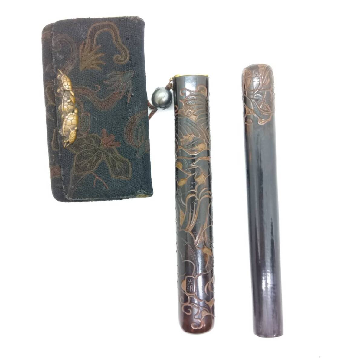 煙管煙草入組物　石川光明？　金使用　　純銀根付？　英次？　キセル入れ　タバコ入れ