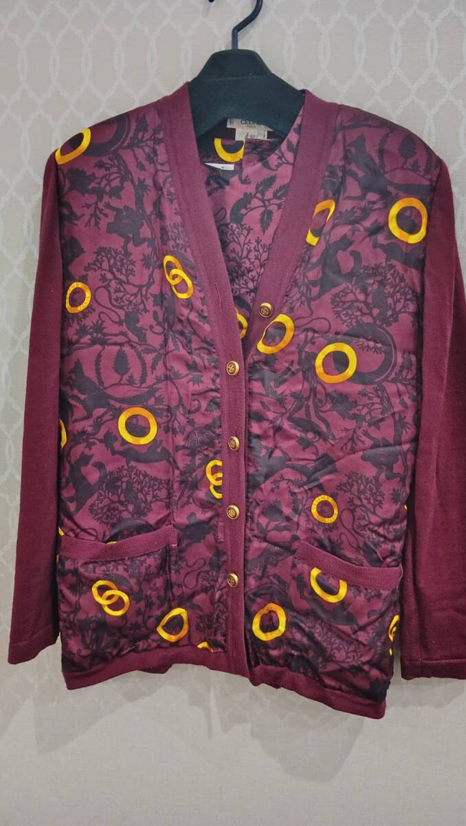 セリーヌ CELINE スカーフ柄 　Vネックカーディガン 40　ヴィンテージブラウス　36　 ボルドー系 　セット　イタリア製 レディース