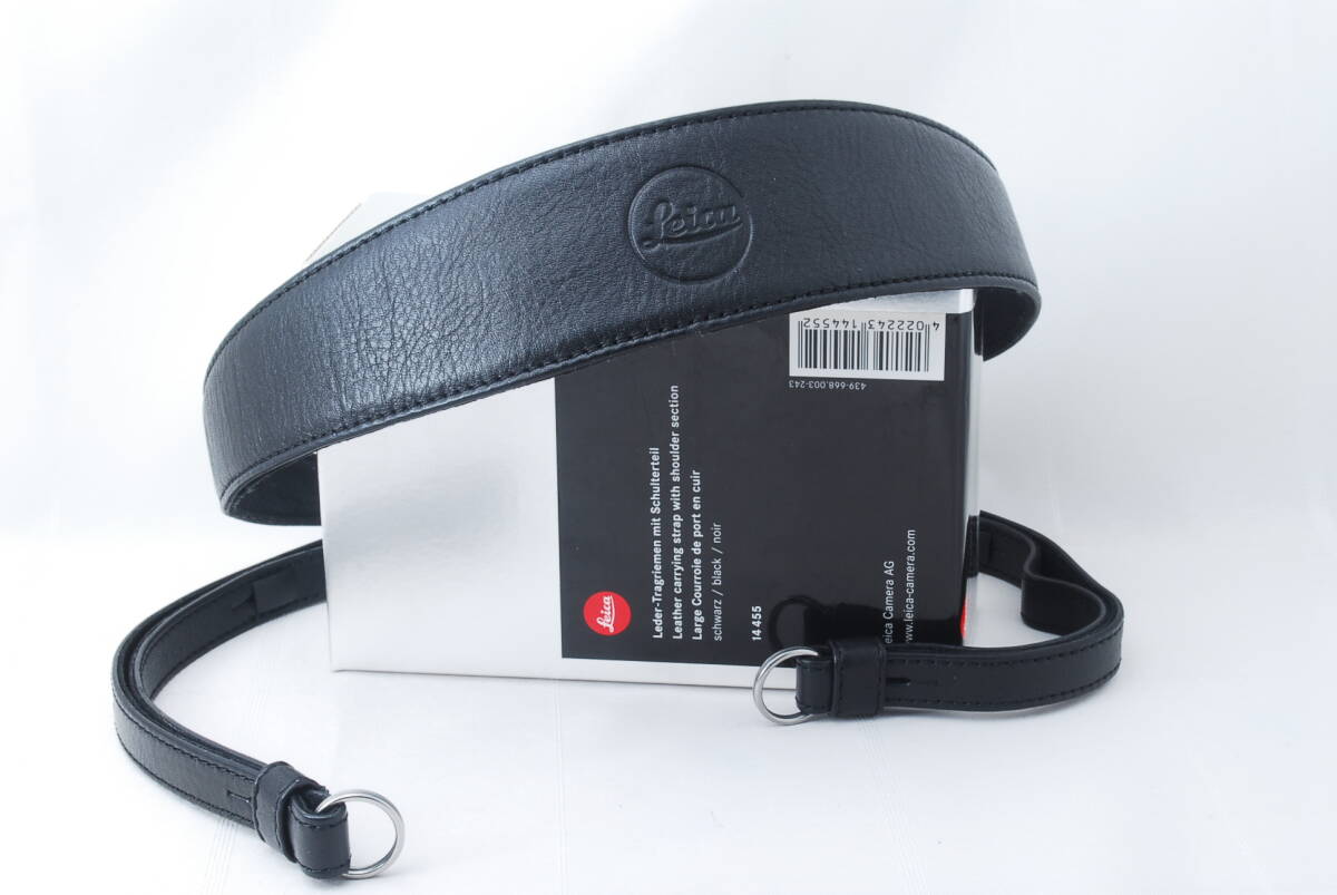 ☆LEICA ライカ 革 レザー カメラ ストラップ 黒色 ブラック 型押し文字 幅広 ワイド Leather Camera Strap ショルダー ネック 14455☆