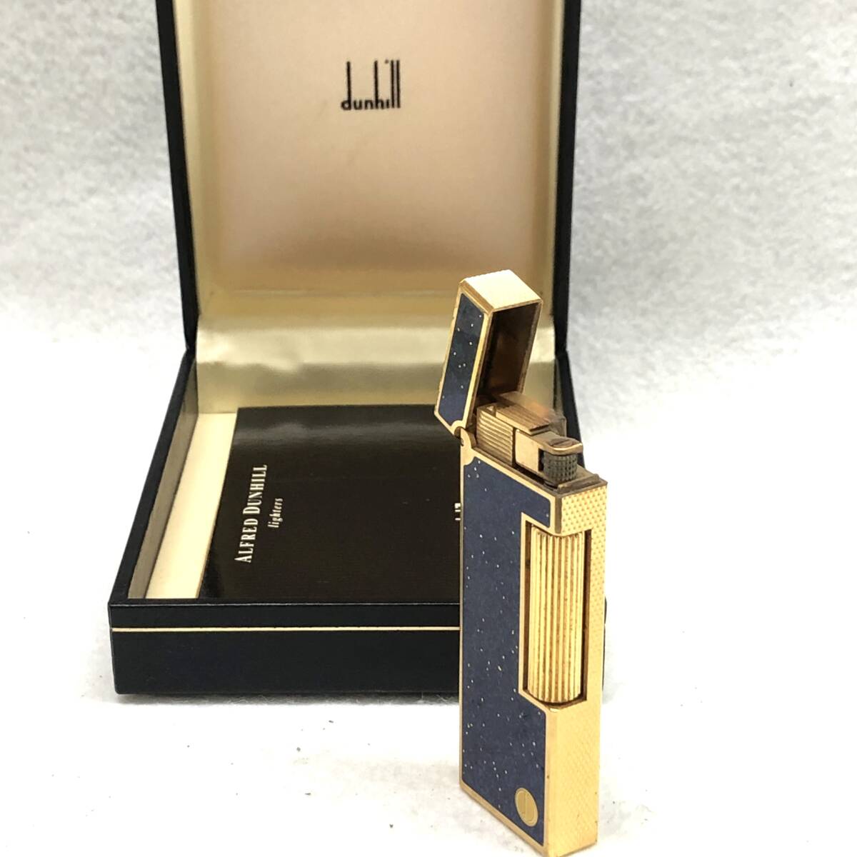 薄型 DUNHILL ダンヒル ヴィンテージ ラピスブルー ライター ラメ入り ローラー ガス 火花確認済 着火未確認 現状品 箱付き 美品