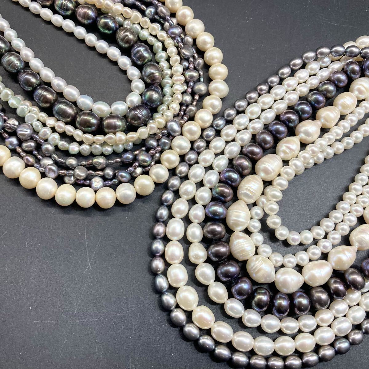 テリ良し!!［本真珠ネックレス10本おまとめ］a 約563.9g 淡水 パール ロング ブラック ホワイト 大粒 ライス ポテト バロック C37