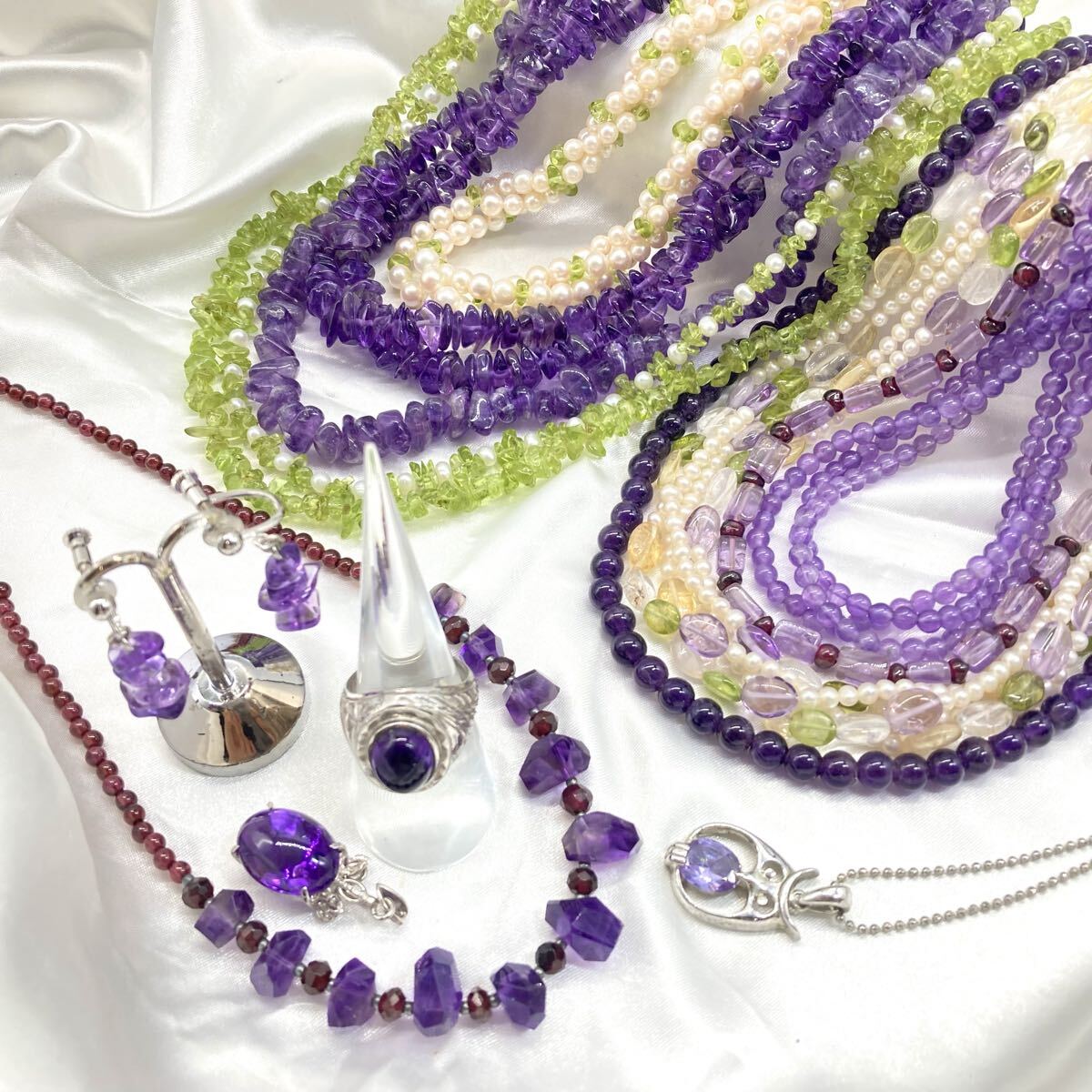 良品!!ガーネット入り!!［アクセサリーおまとめ］a 約374.7g アメジスト ペリドット シトリン アコヤ ネックレス リング C55