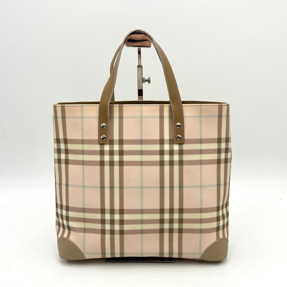 極美品●BURBERRY バーバリー ロンドンチェック ハンドバッグ トートバッグ PVC×レザー ピンク系