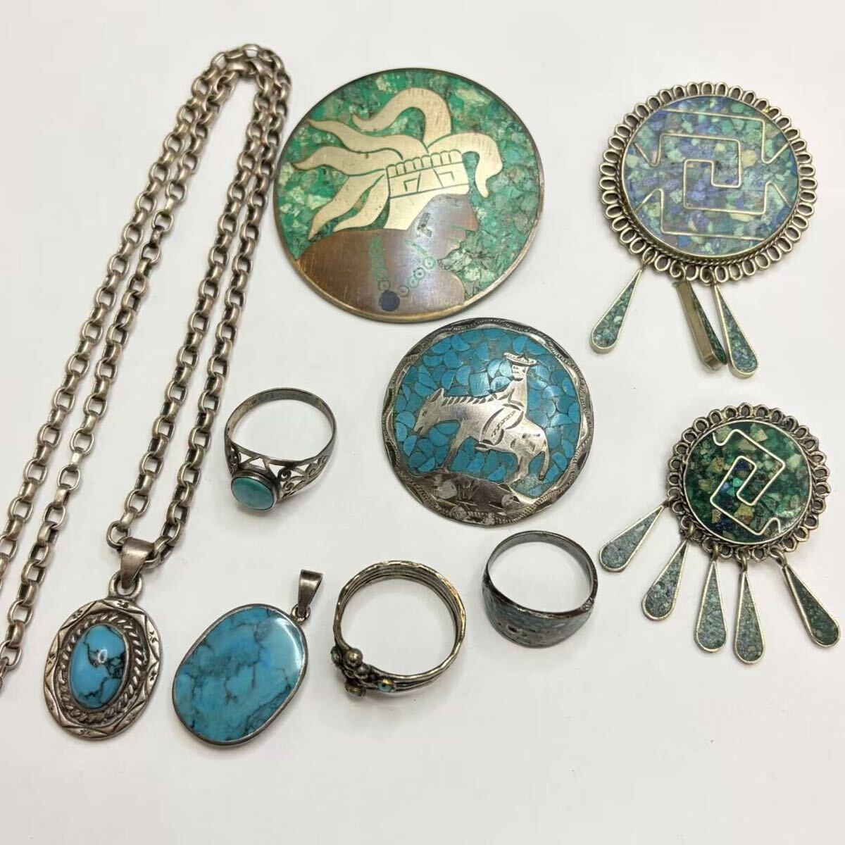 刻印有り/無し 天然石 ターコイズ付き シルバーアクセサリーまとめ ネックレス ブローチ 指輪 トップ等 銀細工 メキシコ製等 重量約95g