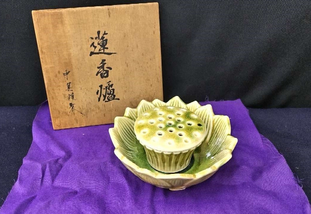 1円～【未使用品】蓮香爐(はすこうろ) 香炉 中美謹製 共布 共箱付き 仏具 アンティーク インテリア 置物【保管品】60