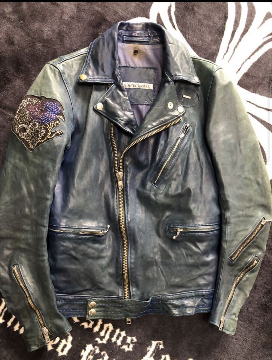 フランシストモークス青レザー14万サイクロンライダースジャケットスワロフスキー 14th addiction lgb share spirit