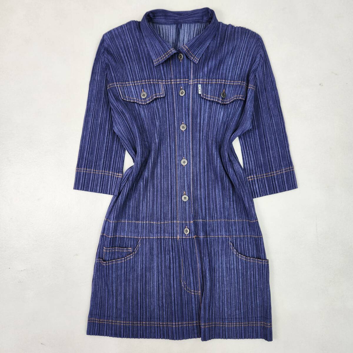 美品 PLEATS PLEASE プリーツプリーズ イッセイミヤケ ワンピース チュニック デニム転写 ポケット付き サイズ3 L XL相当