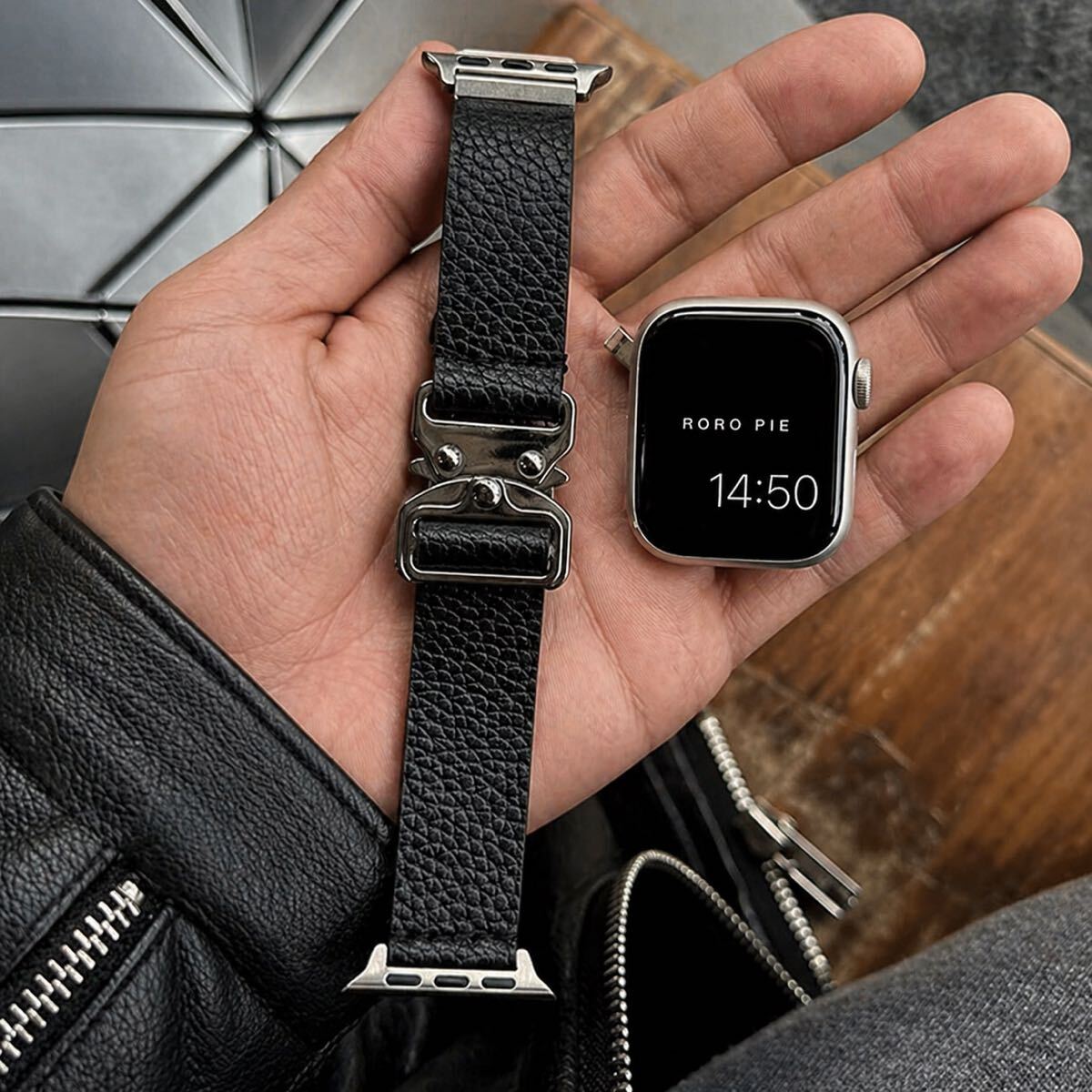 Apple Watch ultra対応 レザーバンド ブラック シボ革 メタルバックル ストリート バイカー 高級感 交換ベルト 49mm対応