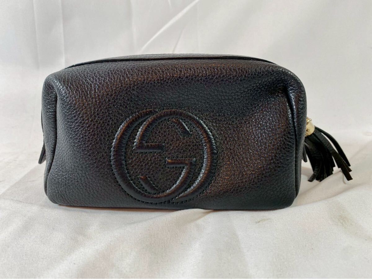 ③ GUCCI　グッチ ソーホー　タッセル　ポーチ　レザー　ブラック　【04009】
