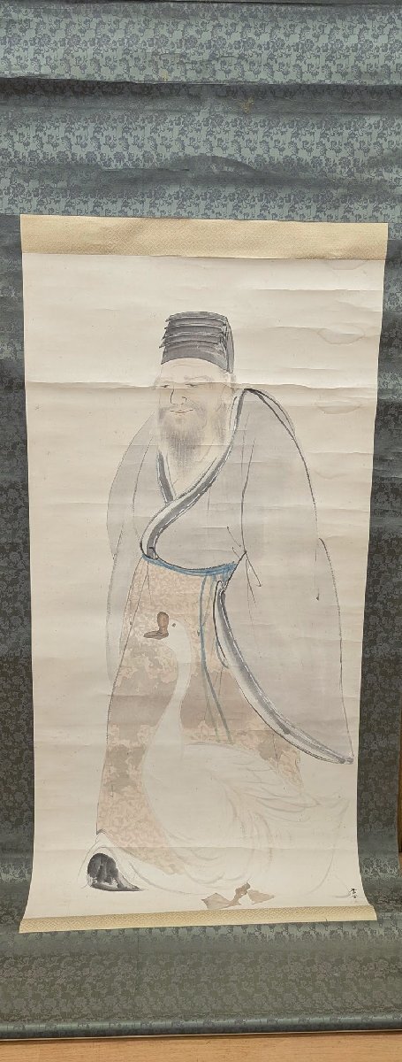 ★ 大幅 杏堂 愛鵝図 掛軸 掛け軸 260cm 中古 骨角軸 紙に彩色 hanging scroll 合箱 鵞鳥 現状品