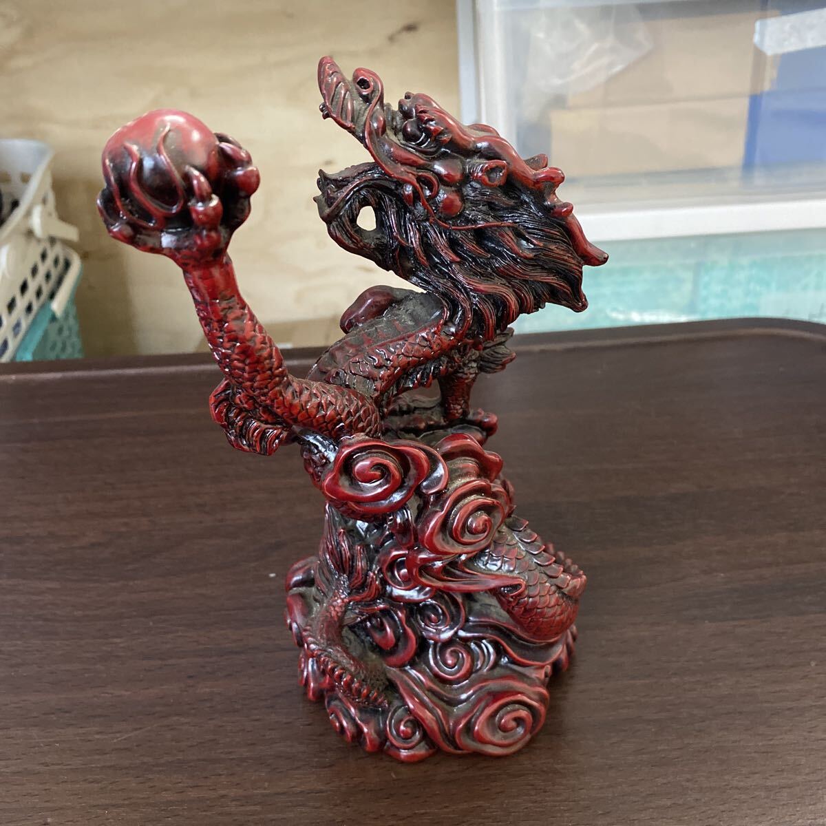 RM19 置物 縁起物 龍 彫刻 宝珠 骨董 インテリア オブジェ 21cm