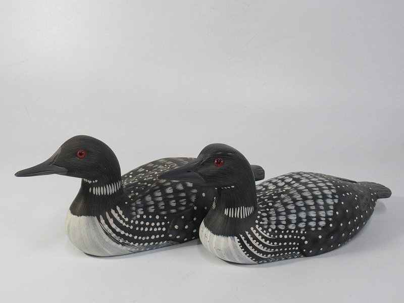 D5165 木彫 彩色 鴨 置物 2点 カモ ダック デコイ オブジェ 彫刻 バードカービング