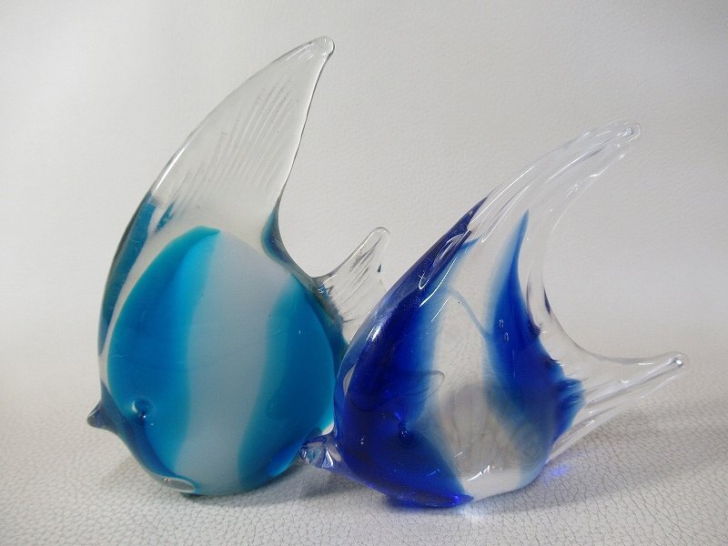 D5174 色ガラス エンゼルフィッシュ 置物 2点 熱帯魚