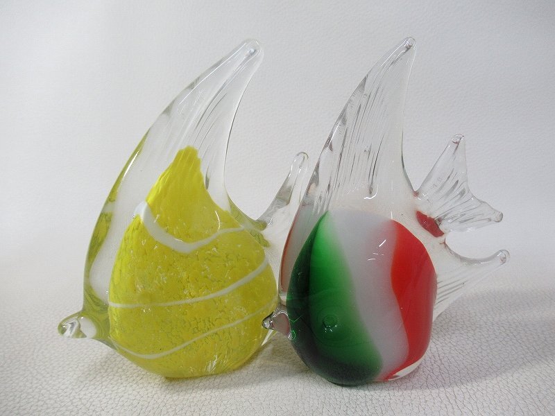 D5175 色ガラス エンゼルフィッシュ 置物 2点 熱帯魚