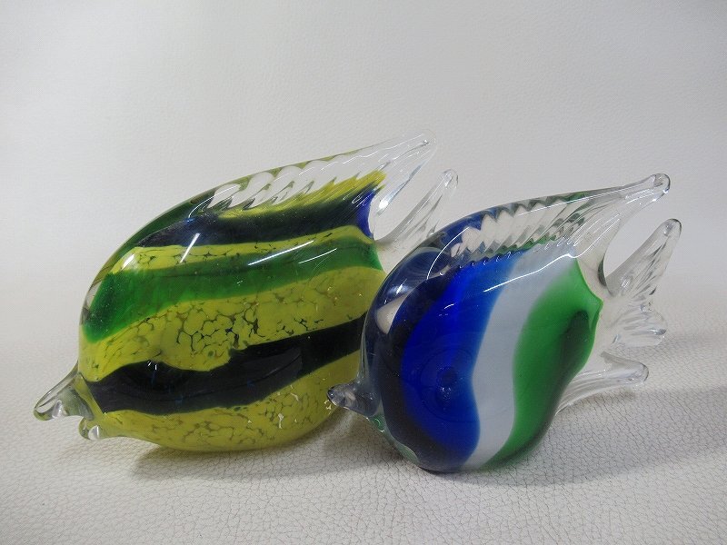 D5176 色ガラス エンゼルフィッシュ 置物 2点 熱帯魚