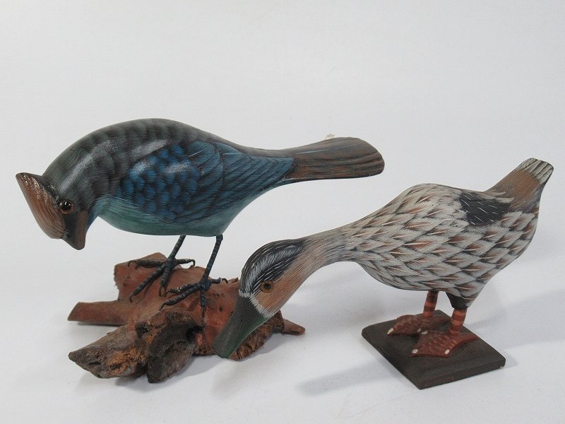 D5167 木彫 彩色 鳥 置物 2点 オブジェ 彫刻 バードカービング