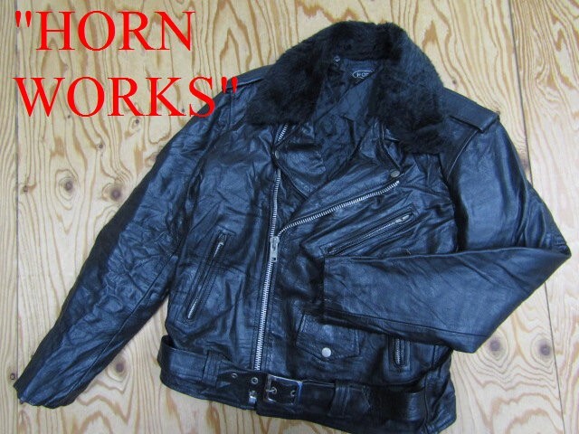 ★ホーンワークス HORNWORKS★メンズ 牛革カウハイド レザーダブルライダースジャケット 襟ボア付き★R80412057B