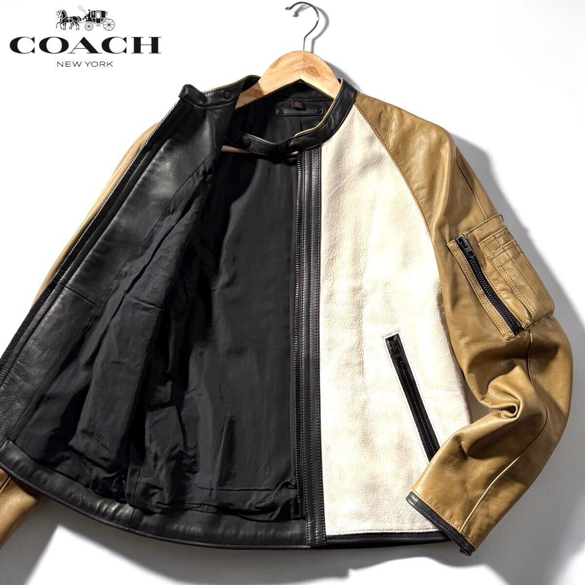 極美品/希少品●COACH コーチ 鹿革 牛革切替 ライダース ジャケット 革ジャン ディアスキン カーフレザー カラーレス ダブルジップ Mサイズ