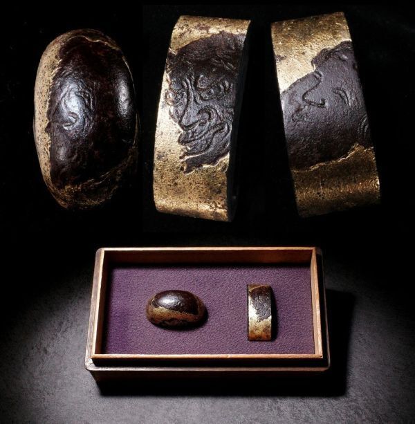 鉄地天狗般若お多福図縁頭 赤銅金象嵌 特注落し箱入り 江戸時代金工 太刀 拵 鐔 鍔 能面