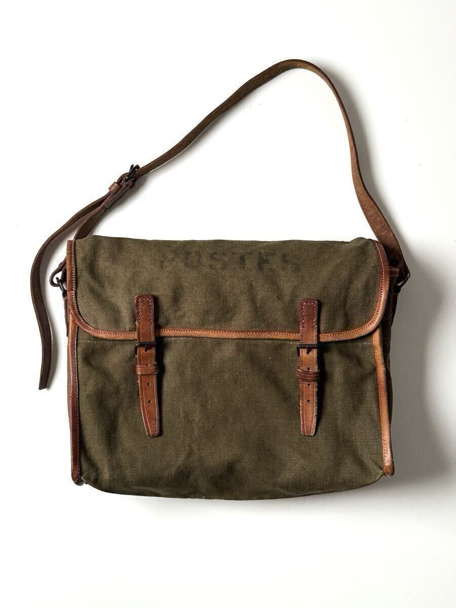 フランス ヴィンテージ 郵便局員バッグ POSTES リネン レザー ショルダーバッグ