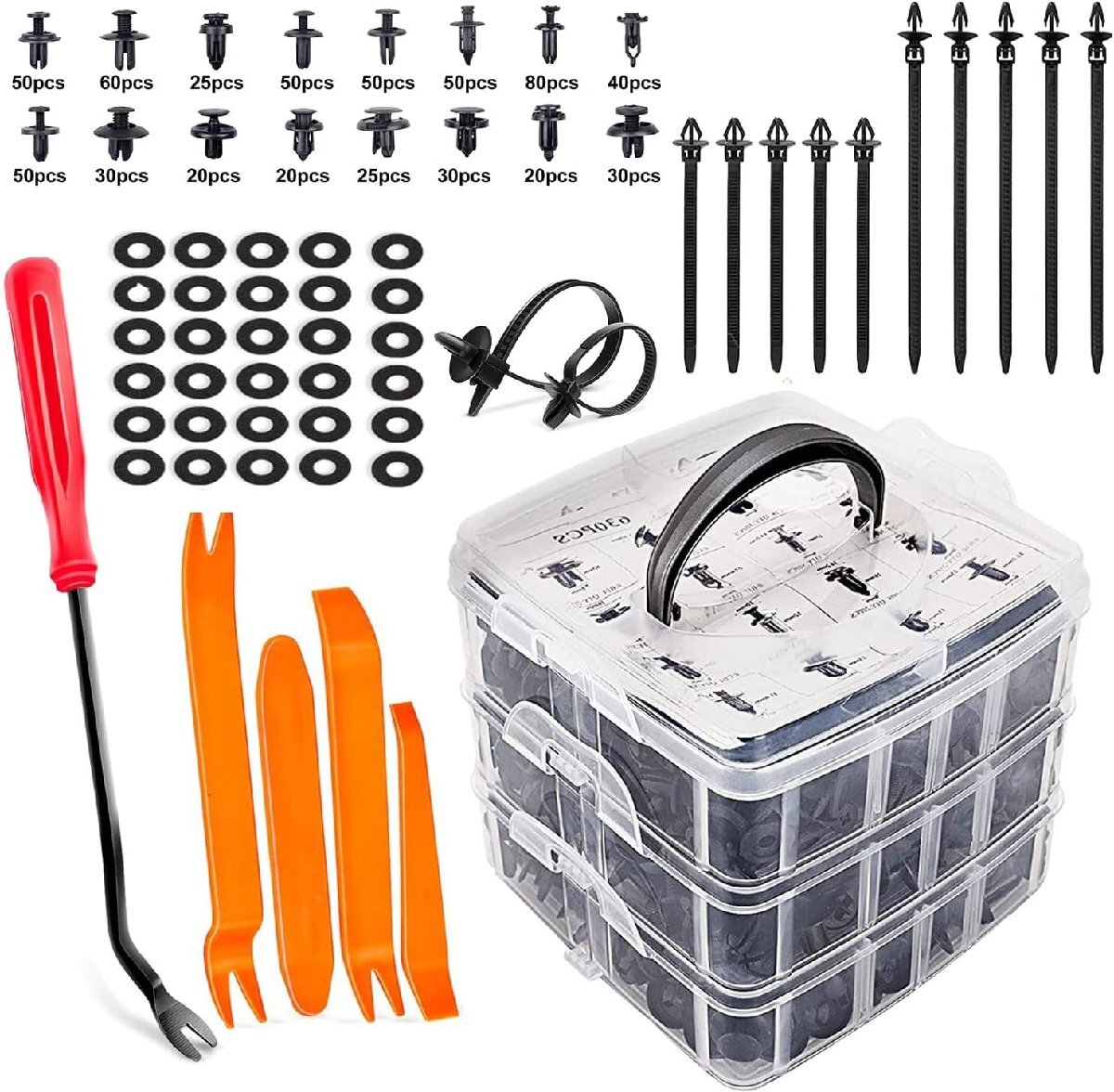 送料690円 リベット プラスチック製リベット 16種類 675個 リムクリップ バンパークリップ 汎用 パネルはがし脱着工具 固定用 車用