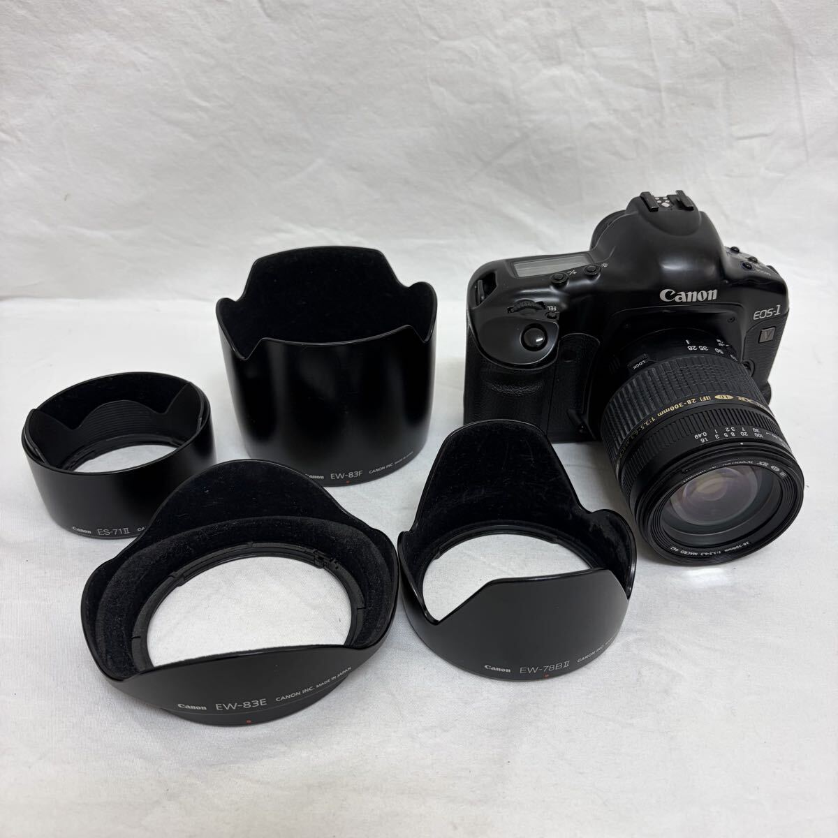 00047【0401B-1613】Canon キャノン EOS-1 V TAMRON 28-300mm 1:3.5-6.3 一眼レフ フィルムカメラ ズームレンズ レンズフード 通電確認済み