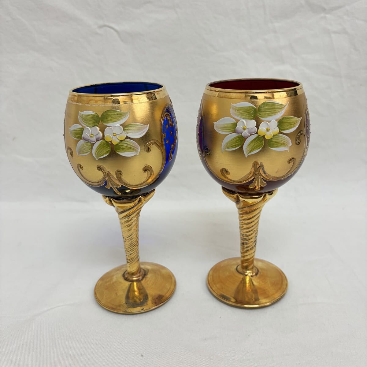 0001【0402 B-1673.1714】ベネチアングラス ムラノ イタリア ワイングラスレッドゴールド 24K 金彩 ヴェネチアガラス 15.8cm