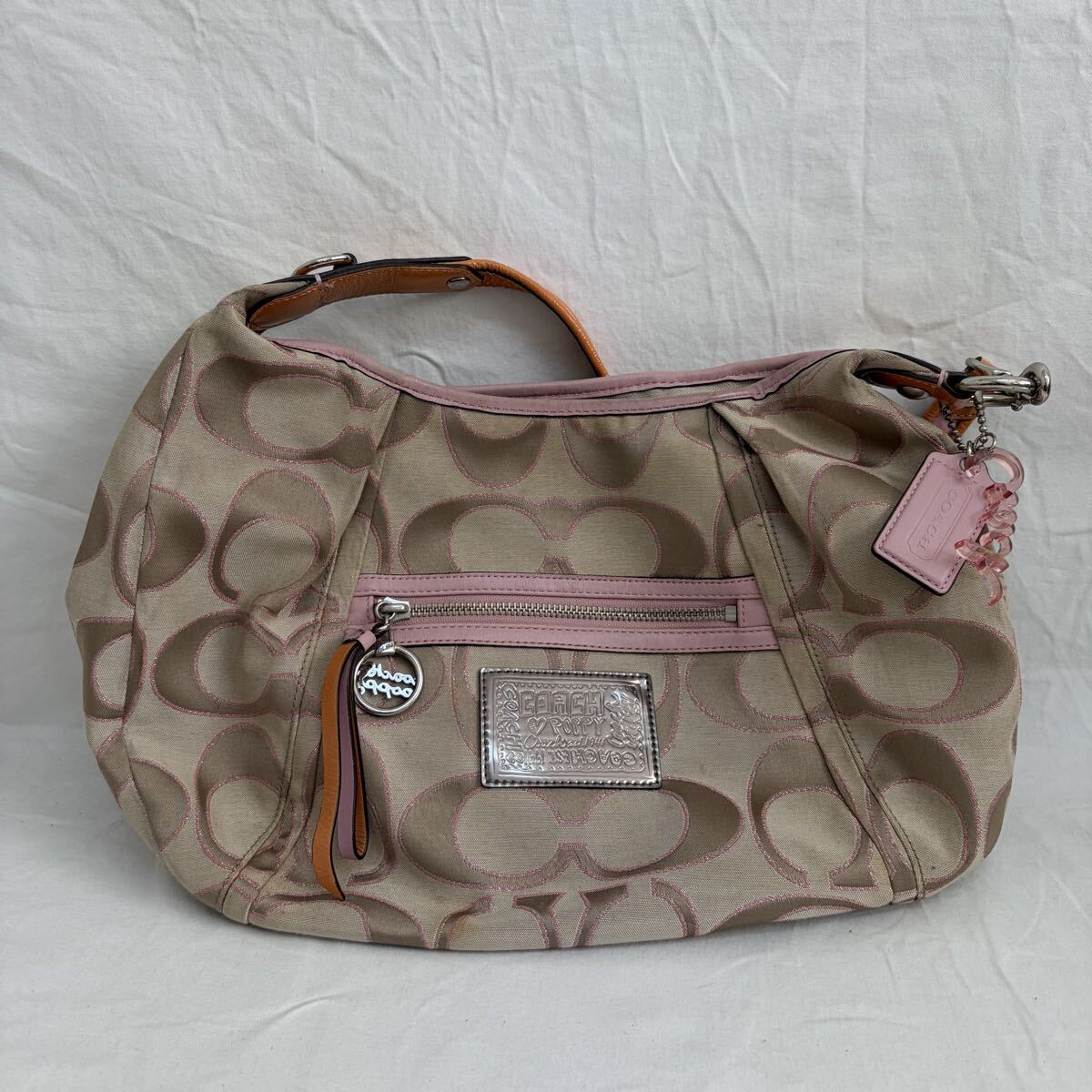 0001【0402 B-1584】COACH コーチ シグネチャー キャンバス トートバッグ ハンドバッグ ベージュ ピンク レディース