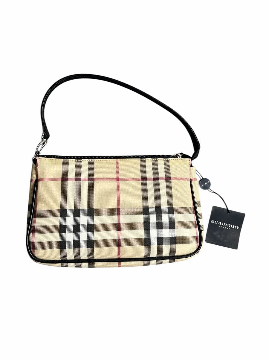 1円スタート BURBERRY バーバリー ハンドバッグ ハンドポーチ ノバチェック チェック ベージュ レザー レディース 布袋付き 未使用品 美品