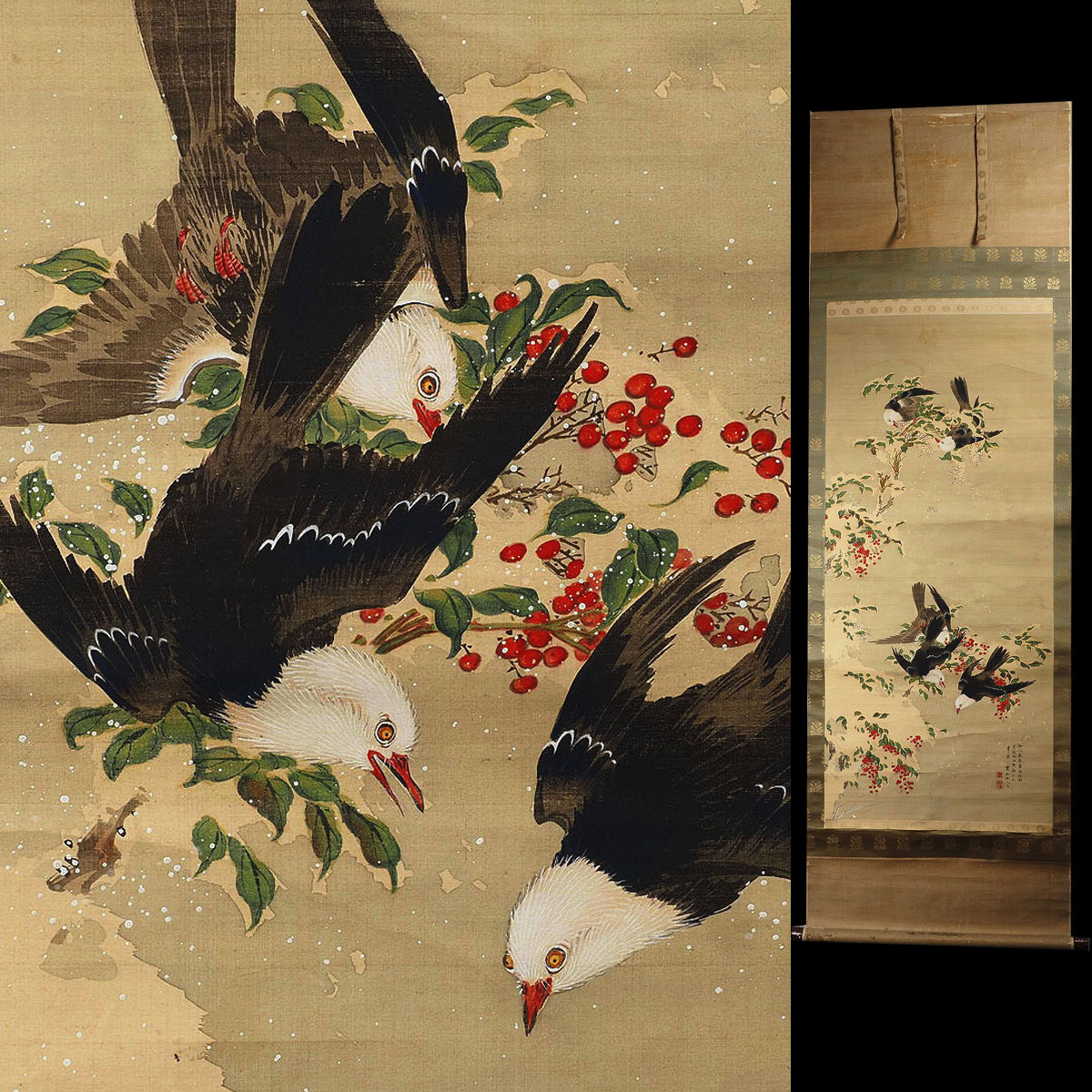 【真作】XL60_10 旧家初出 在銘 花鳥図 極細密 極彩色 肉筆 絹本 掛軸 / 中国古玩 清代 明代 清朝期 古画 古筆 朝鮮美術