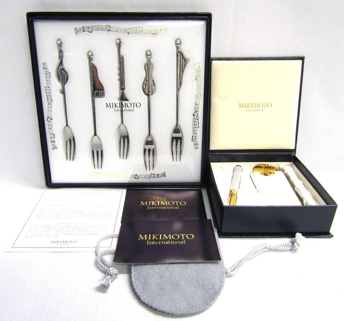 未使用 MIKIMOTO 楽器モチーフ パール付き フォーク5本セット リップブラシ ミラー ミキモト まとめて