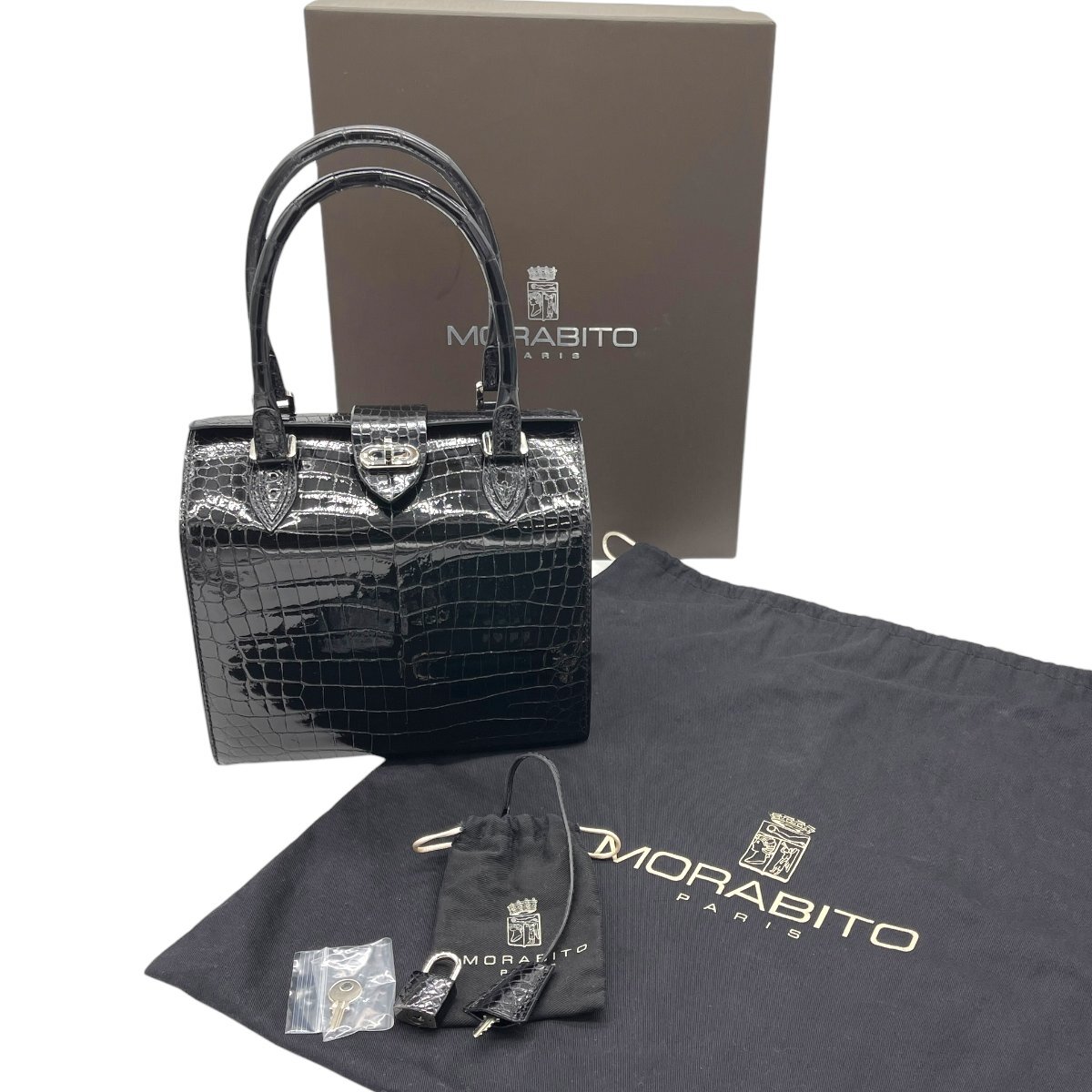 A959■MORABITO モラビト■ ORSEY オルセー クロコダイル ハンドバッグ■ブラック　シルバー　鍵付