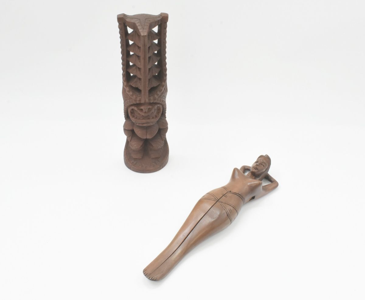 (1404M 0410H12) 1円～ 南国風 木製工芸 2点セット ハワイ CocoJoe‘s TIKI ティキ Lono 魔除け くるみ割り ナッツクラッカー まとめて