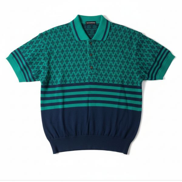 ギラロッシュ Guy Laroche カットソー 半袖 ストライプ ポロシャツ ボタン 日本製 緑 紺 Lサイズ 980739
