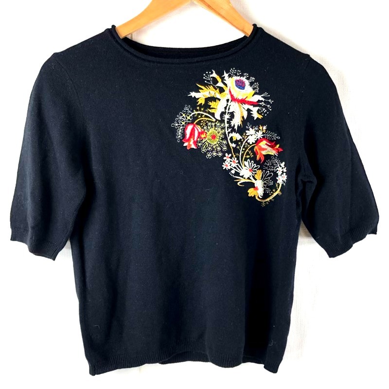 フォーティーナインアベニュージュンコシマダ 49AV.junko shimada カットソー 半袖 花刺繍 黒 40サイズ 923096