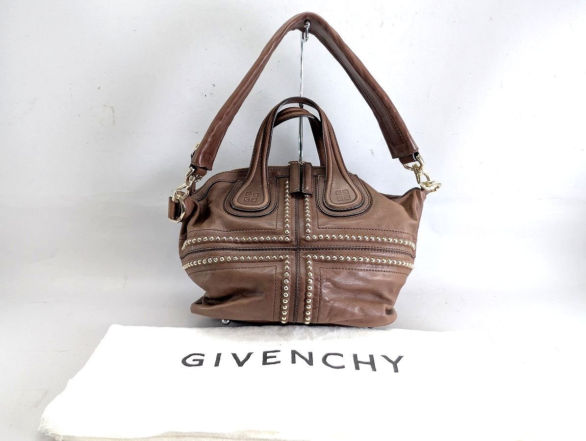Givenchy ジバンシィ ナイチンゲール スタッズ レザー ハンドバッグ ブラウン[330037