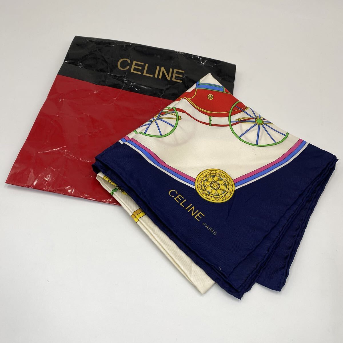 CELINE セリーヌ ハンカチ スカーフ 馬車 シルク 袋有り シミ有り Y-02116 