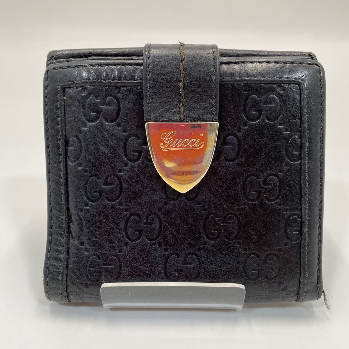 GUCCI グッチ 二つ折り財布 レザー Wホック グッチシマ ブラック Y-03205