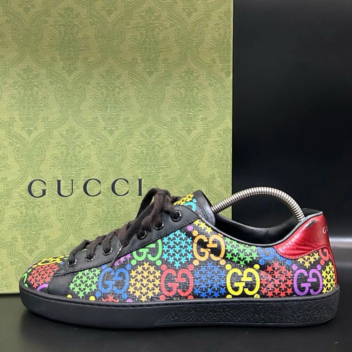1円【極美品】GUCCI グッチ GGサイケデリック スニーカー GG柄 ローカット ロゴ メンズ PVCレザー マルチカラー ブラック 黒 靴 25cm相当
