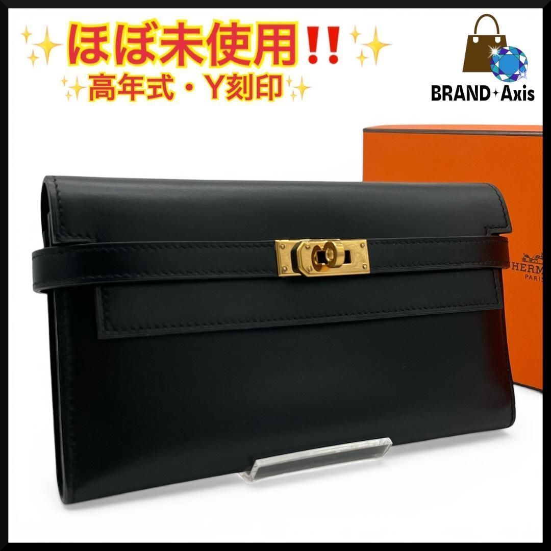 ★【ほぼ未使用】エルメス HERMES ボックスカーフ ケリーウォレット 三つ折り財布 ブラック レディース★