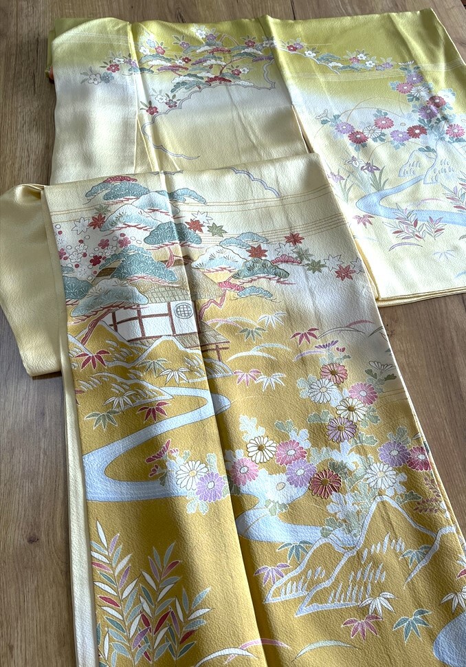 花とら●リサイクル着物　訪問着　クリーム色　薄黄　黄緑　暈し　刺繍　茶屋辻風　美品　　　　　260330