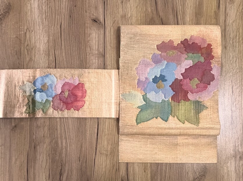 花とら●　リサイクル帯　名古屋帯　花　薄橙　金橙　使用可能　リメイク　素材　　　　　260401