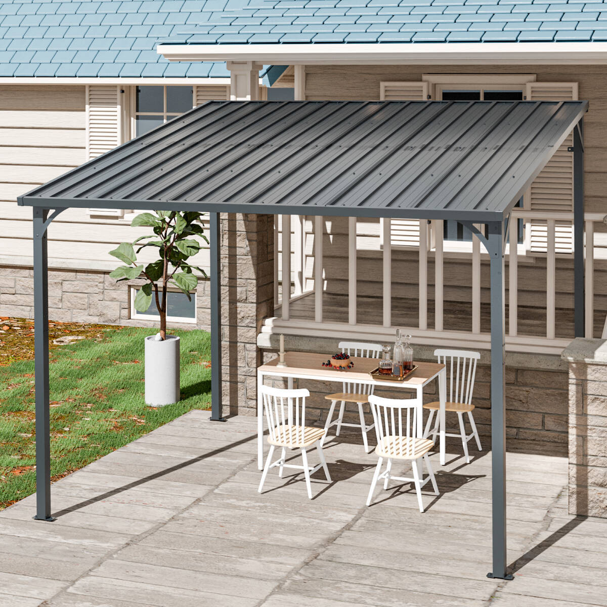 テラス屋根 ベランダ 屋根 ひさし大型 重量型 バルコニー 雨よけ サイクルポート 4本の柱 パーゴラ 幅284*奥行き265*高250 亜鉛メッキ鋼